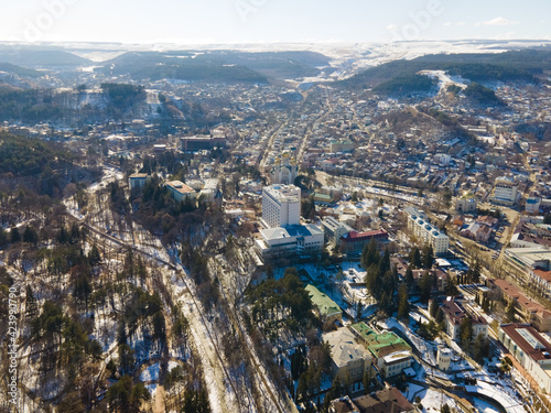 Aerial view of Kislovodsk with narzan gallery in sunny day, heath and ecological resotrt in Russia near Caucasus mountains photo