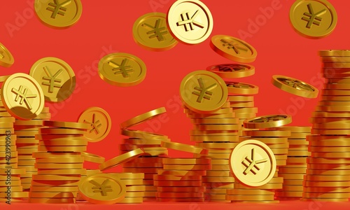 3D illustration of floating golden Chinese Japanese yen money coin on red background