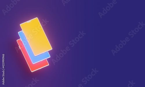 3D illustration of red, blue and yellow smartphone on purple background