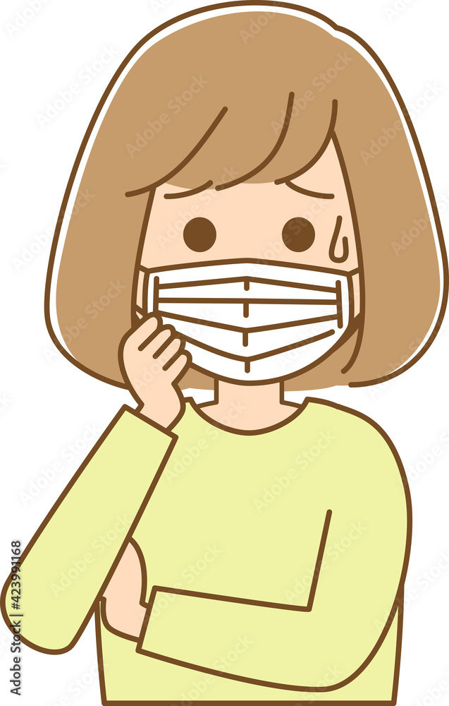 マスクをして何かに困っている女性のイラスト