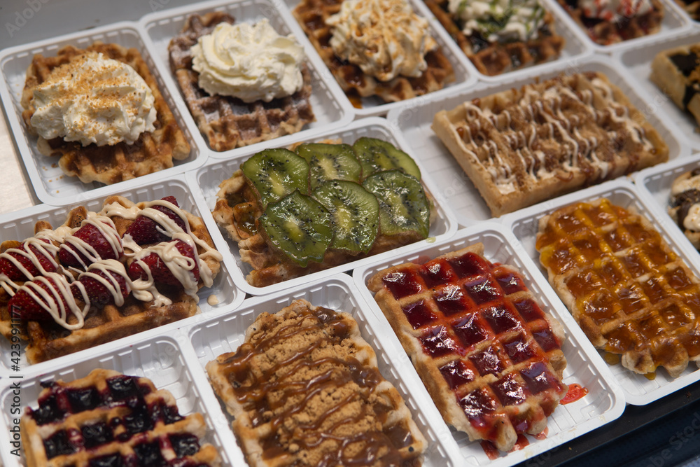 Belgian waffles in one of the shops Belgian waffles in one of the shops