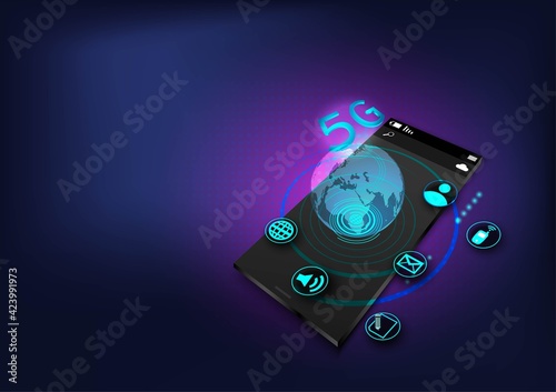 5G with Smartphone, digital logo. Abstract cyber security and map world. Mobile app, innovation, digital technology, program developers,Vector modern technology and 5G concept.