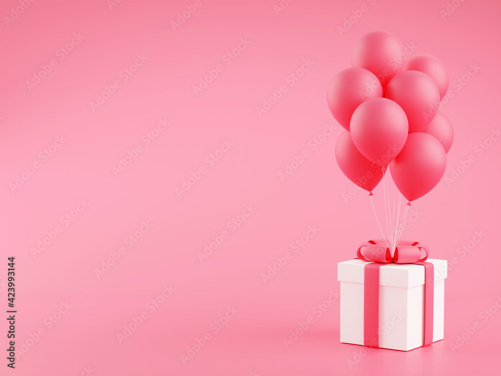 Gift box with balloons 3d render illustration - present package with bunch of flying balloons on pink pastel background. Gift box with balloons 3d render illustration - present package with bunch of flying balloons on pink pastel background.