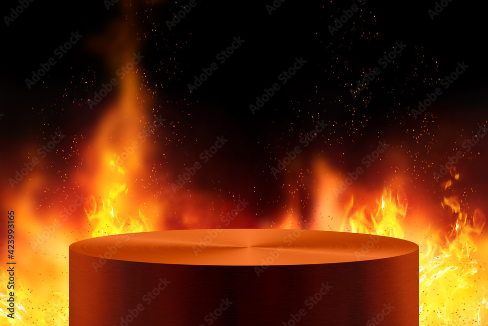 Podium for cooking or food product presentation with fiery background