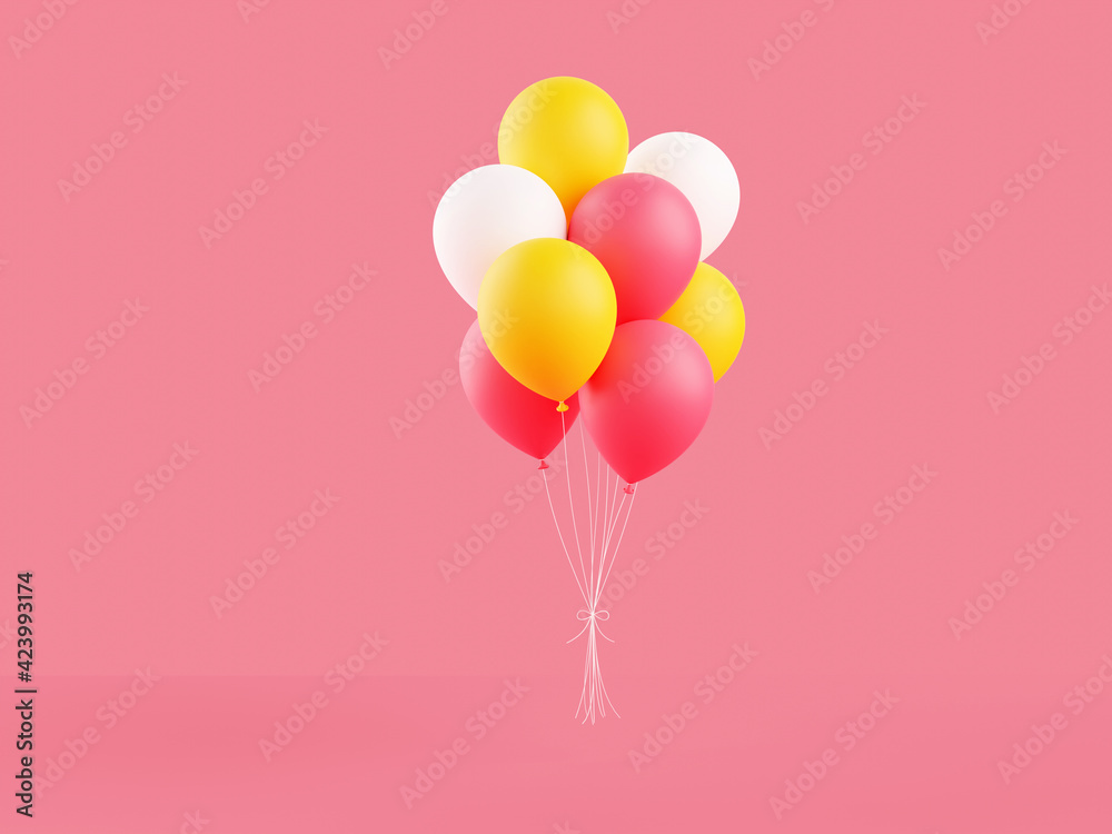 Colorful balloons 3d render illustration on pink background.