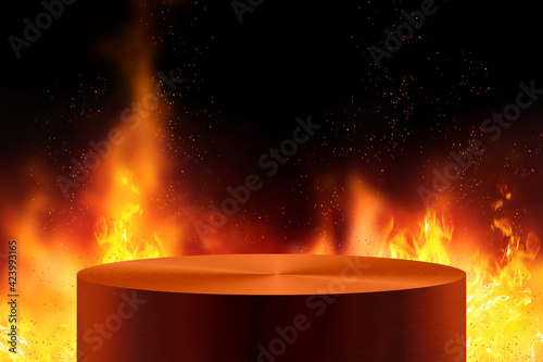 Podium for cooking or food product presentation with fiery background. Advertising concept.