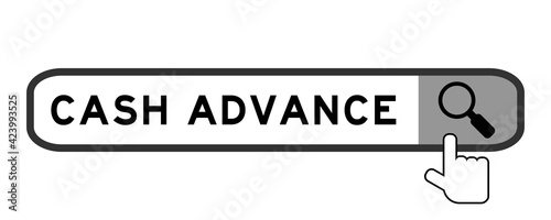 Search banner in word cash advance with hand over magnifier icon on white background