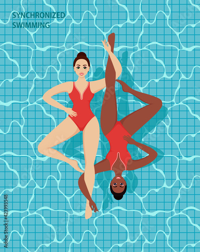 Woman athlete on the performance of synchronized swimming performing art elements. Professional athletes womens team of synchronized swimming