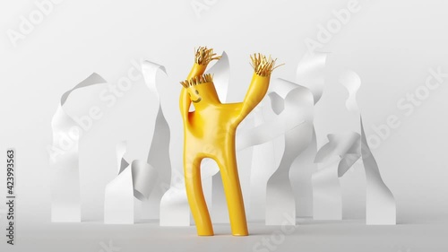 looping animation of 3d cartoon character dancer. Yellow inflatable toy skydancer is swaying with white ribbons photo