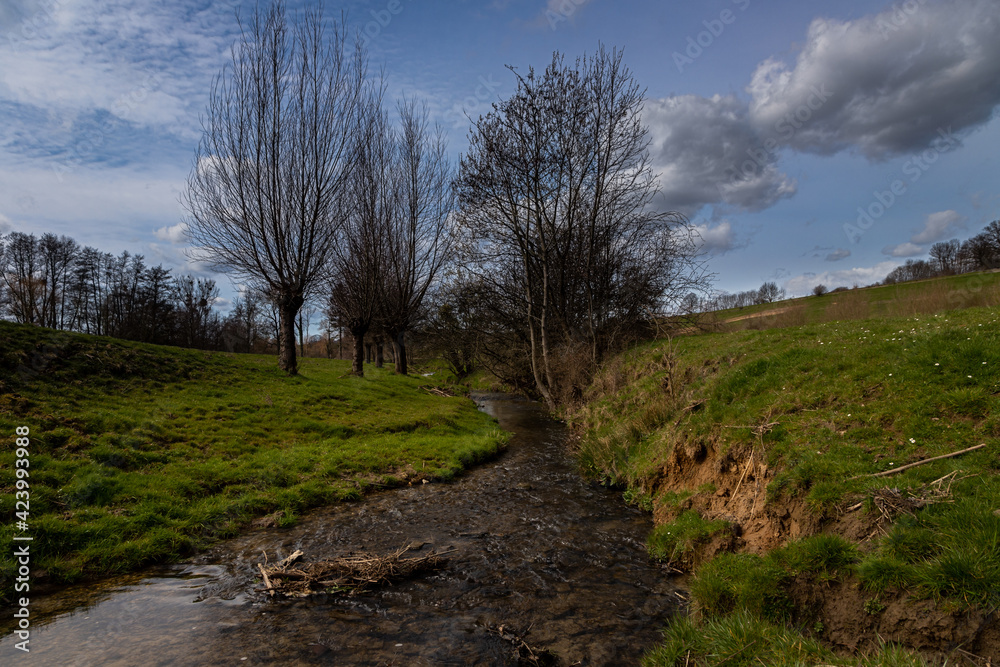 A small creek meandering through the south Limburg country side in the Netherlands on a sunny day in early Spring. A small creek meandering through the south Limburg country side in the Netherlands on a sunny day in early Spring.
