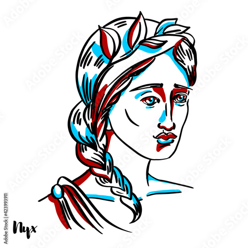 Nyx engraved vector portrait with ink contours on white background. Nyx is the Greek goddess of the night.