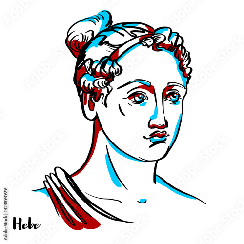 Hebe engraved vector portrait with ink contours on white background. In ancient Greek religion, is the goddess of youth or the prime of life.