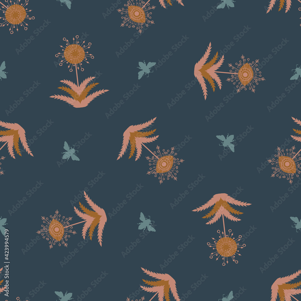 Dandelion seed and honey bees seamless vector pattern background.Stylized folk art herbacious wildflowers and insects blue and pastel ochre backdrop.Modern hand drawn botanical all over print