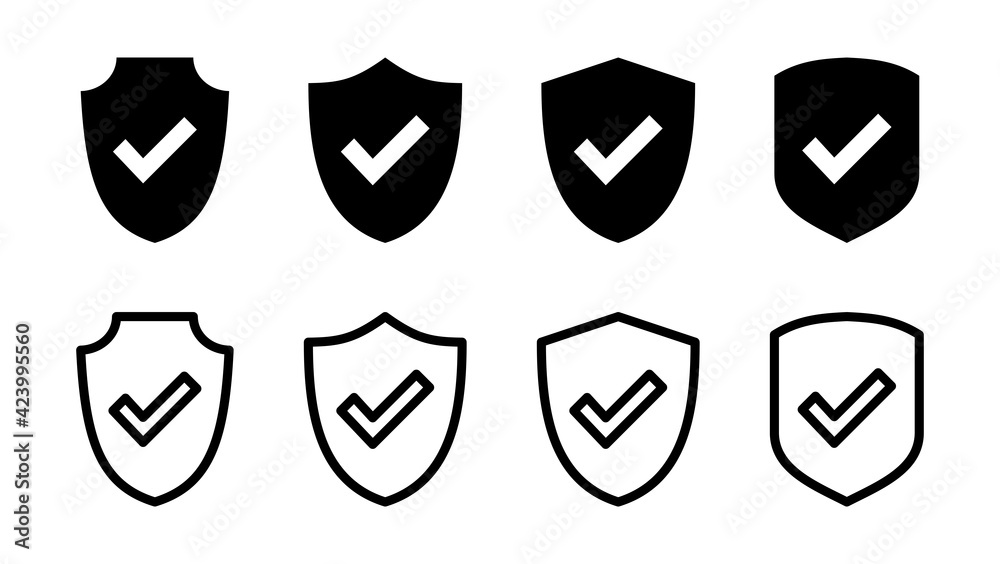 Shield check mark icon set. Protection approve sign. Safe icon vector Shield check mark icon set. Protection approve sign. Safe icon vector