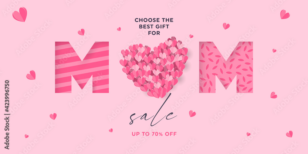 Happy Mothers Day sale banner. Big heart made of paper cut hearts with word MOM on light pink background. Horizontal banner, flyer, greeting card, header for website