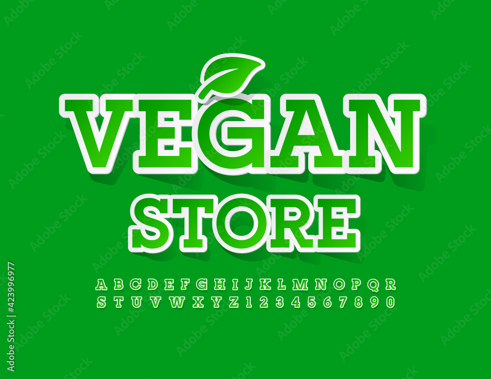 Vector green logo Vegan Store with Decorative Leaf. Modern style Font. Sticker Alphabet Letters and Numbers set Vector green logo Vegan Store with Decorative Leaf. Modern style Font. Sticker Alphabet Letters and Numbers set