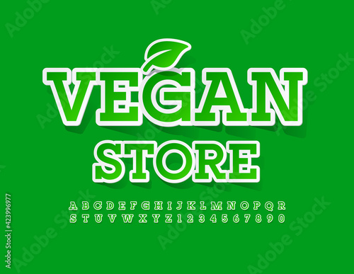 Vector green logo Vegan Store with Decorative Leaf. Modern style Font. Sticker Alphabet Letters and Numbers set