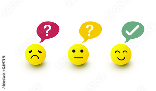 Yellow round 3D emoji symbols show various colors and moods and text boxes. On white background the shadow fall vector illustration.