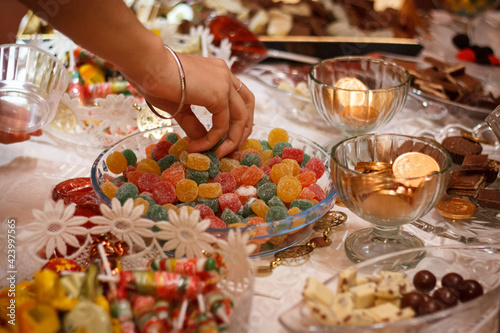 Candy in the birthday party with delicious sweets and chocolates