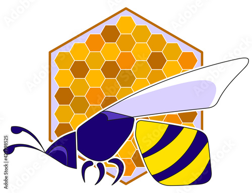 Stylized bee on a honeycomb background. Amber colors.