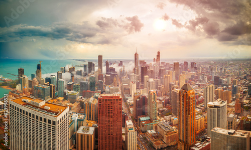 Chicago, Illinois, USA aerial downtown Skyline at Dusk