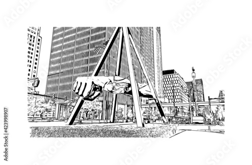 Building view with landmark of Detroit is the largest city in the midwestern state of Michigan. Hand drawn sketch illustration in vector.