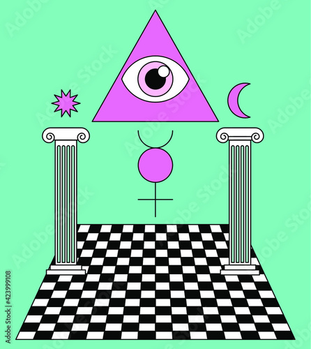 Surreal Masonic landscape with the eye of providence in a triangle and ancient columns on the checkered floor. Trendy occult psychedelic style illustration.