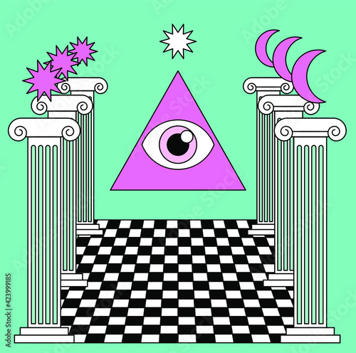 Surreal Masonic landscape with the eye of providence in a triangle and ancient columns on the checkered floor. Trendy occult psychedelic style illustration.