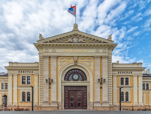 Belgrade, Serbia - March 28, 2021: Building of the old main railway station on Sava Square. 