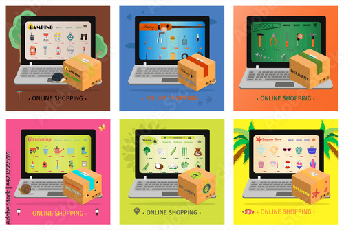 A set of sites for online stores of gardening, beach goods, vegetarian food, fishing, camping, construction tools. Vector cartoon illustration of web pages. Laptop pages with corporate identity and