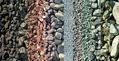 Drainage systems from small pebbles. Garden drainage for plants and trees. Collage of different types of stones. Decorative stones of different colors and sizes. photo