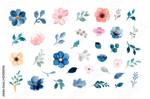 Watercolor floral and leaves element collection
