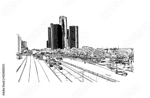 Building view with landmark of Detroit is the largest city in the midwestern state of Michigan. Hand drawn sketch illustration in vector.