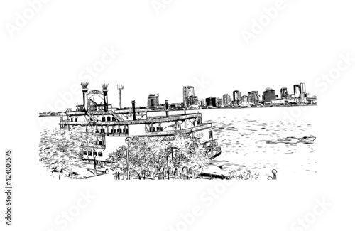Building view with landmark of Detroit is the largest city in the midwestern state of Michigan. Hand drawn sketch illustration in vector.