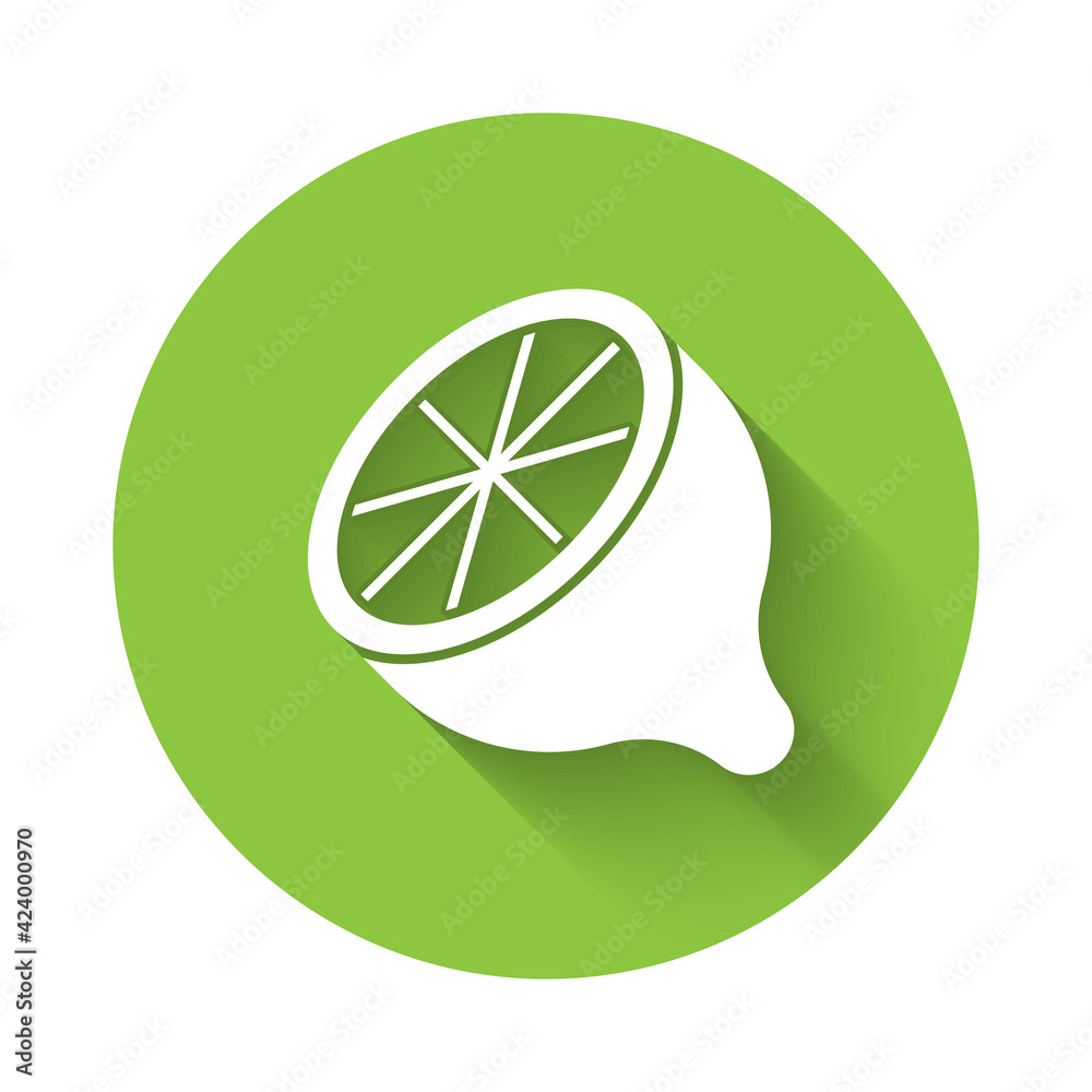 Obraz premium White Lemon icon isolated with long shadow. Green circle button. Vector