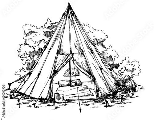 tipi in the woods sketch teepee tent monochromatic hand drawn illustration with pillows and a blanket inside . glamping 