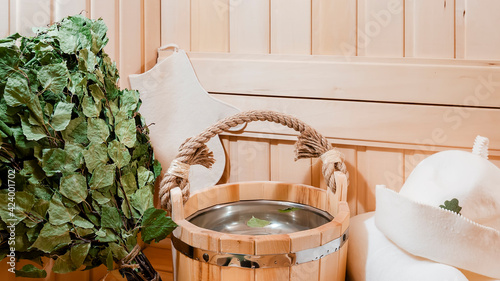 Russian Sauna and accessories: birch broom, wooden bucket, Towel