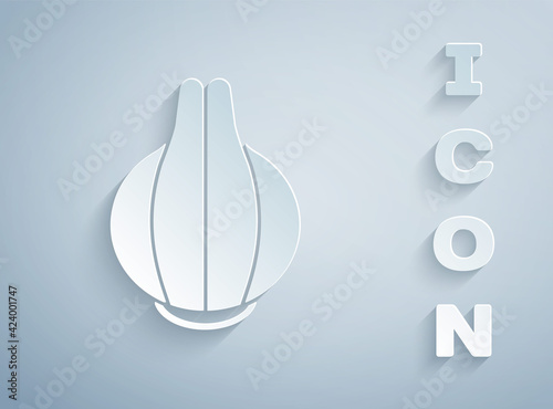 Paper cut Onion icon isolated on grey background. Paper art style. Vector