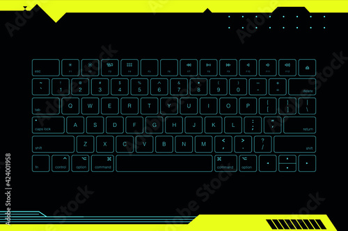 Futuristic neon computer keyboard Isolated on black background, vector illustration for interface and cyberpunk design
