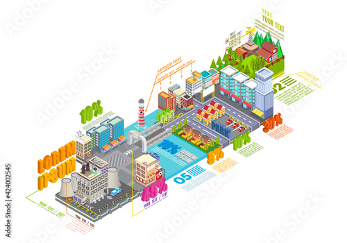 Flat 3d isometric industrial and business city district map, Infographic elements collection, City center on the map with lots of buildings, skyscrapers, factories, and parks, illustrator Vector