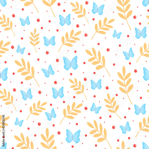 Cute seamless pattern with leaves and butterflies in summer soft colors. Vector illustration, cartoon style. Template for background, wrapping paper, fabric, wallpaper, etc. © Ольга Мамедова