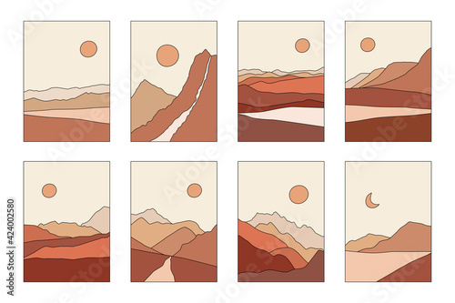 Abstract landscape illustrations set. Mountains, sun, moon, sunset, desert, hills minimalist design. Trendy mid century art, boho home decor, wall art.