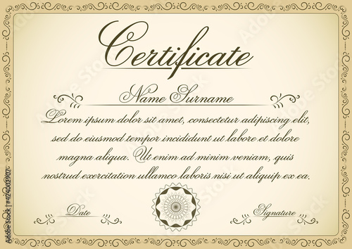 A4 size diploma of appreciation vector graphic with retro frame and stamp. Retro certificate template design for use in wedding cards and graduation certificate print.
