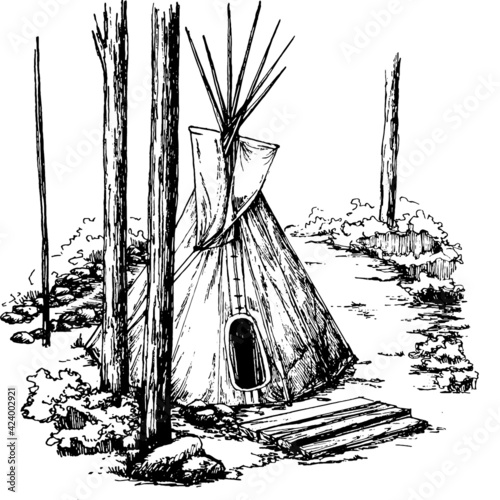 tipi in the woods sketch teepee tent monochromatic hand drawn illustration 