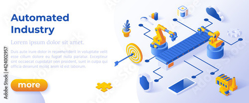 AUTOMATED INDUSTRY - Isometric Design in Trendy Colors Isometrical Icons on Blue Background. Banner Layout Template for Website Development
