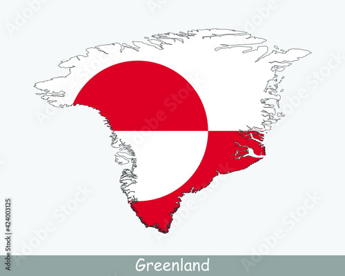Greenland Map Flag. Map of Greenland with the Greenlandic national flag isolated on white background. Autonomous territory within the Kingdom of Denmark. Vector Illustration.