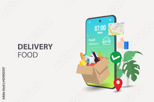 Delivery food on mobile. E-commerce concept. Online food order infographic. Webpage, app design. Perspective vector