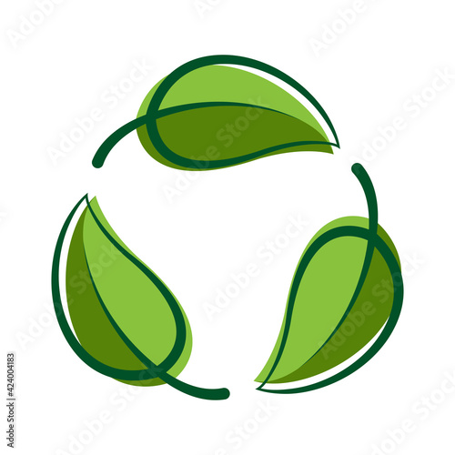 Recycle green leaf graphic symbol, Bio sign, Recycle leaf shape for eco icon, Ecological cycle symbol isolated on white