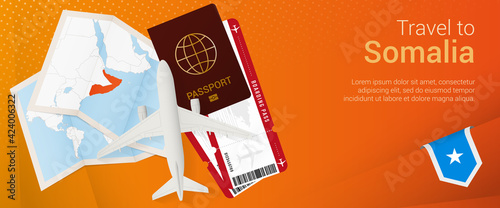 Travel to Somalia pop-under banner. Trip banner with passport, tickets, airplane, boarding pass, map and flag of Somalia.