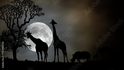 African Landscape by Night with Giraffe in Silhouette, Time Lapse with Full Moon